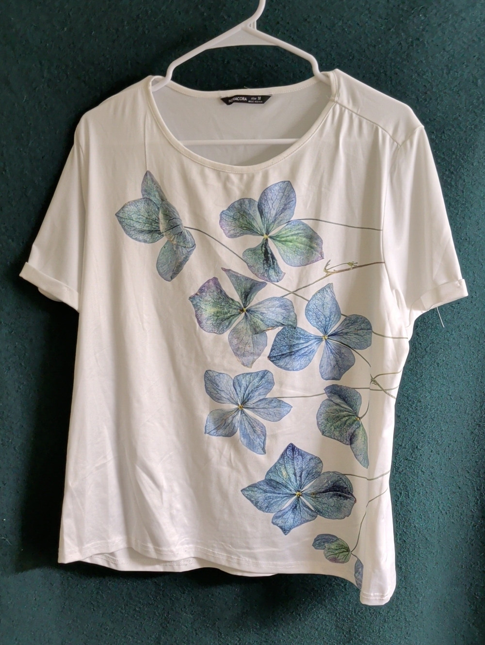 Monsoon White Short Sleeve Top with Blue-Green Floral Print